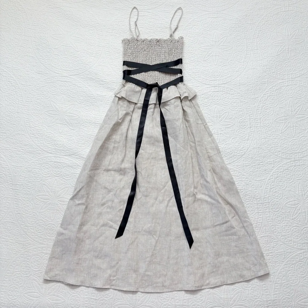 Reformation Miles Smocked Linen Midi Dress,‎ Oatmeal - Picture 2 of 6